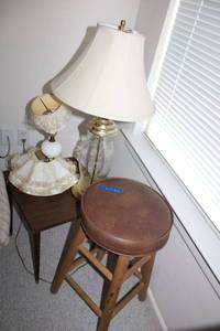 lot 218 image: Side table, table lamp, bar stool and vintage lamp as shown