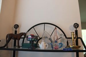 lot 27 image: Home Dcor Brass candle holder, Handmade glass sculptures, Blue iridescent chalice and more