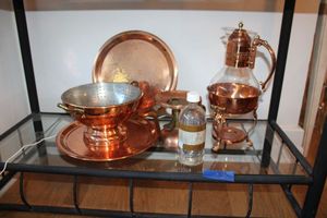 lot 30 image: Copper dishes vintage coffee carafe, Burner with liquid paraffin, colander and platters