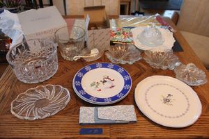 lot 39 image: Marquis 9 Lead Crystal bowl, Princess House glassware, Vintage dome lid butter dish, and more