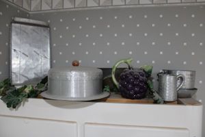 lot 66 image: Vintage Aluminum dishes and Ceramic grape pot, see photos