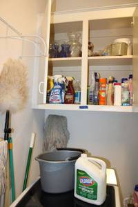 lot 86 image: Mops, Clorox cleaner, home cleaners, glass vases and glass beads