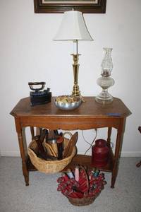 lot 251 image: Desk lamp, glass oil lamp, vintage cast iron sad iron, collectible sewing spools and more