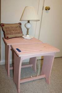 lot 253 image: Pair of pink table tables, vintage white glass table lamp and pillow