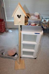 lot 262 image: Birdhouse stand, rolling 3-drawer storage unit, craft supplies including bridal vail