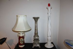 lot 264 image: Candle stands and Victorian style porcelain desk lamp