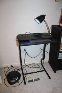lot 265 image: Modern computer table, keyboard, clip lamp, and radio and CD players