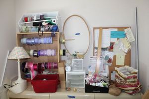 lot 230 image: Large amount of craft items ribbon organizers, table lamp, quilters ring, Misc. craft accessories