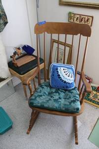 lot 234 image: Vintage rocking chair, stool, floor lamp, and desktop magnifier