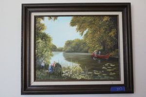 lot 243 image: Painting of canoe on the river (signed copied by S. Osbourne)