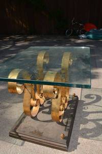 lot 328 image: Pair of vintage glass top side tables with gold swirl base