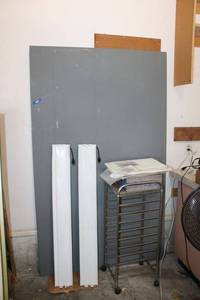 lot 300 image: Large mirror unframed, 2 light fixtures, rolling storage cart as shown
