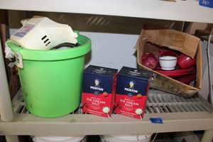 lot 288 image: Rival ice cream maker, ice cream salt, and red plastic dishes