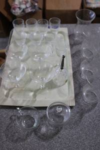 lot 313 image: Princess House glassware bar glasses, creamer and sugar bowl, bell, hurricane candle globes