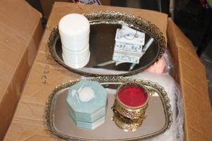 lot 308 image: Vintage vanity mirror trays with jewelry and trinket boxes