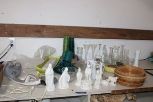 lot 317 image: Misc. glassware, massager, flower vases, Nativity set