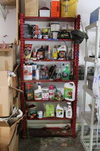 lot 321 image: Red wooden storage shelf (not contents)