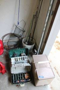 lot 327 image: Fishing lot with rods, tackle boxes and vintage cooler