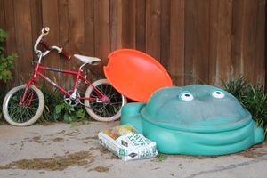 lot 330 image: Plastic frog sandbox with extra bag of sand, plastic sled and Kids bicycle, see photos