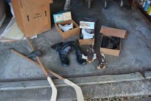 lot 254 image: Sports gear hockey sticks, roller skates, figure skatesice skates