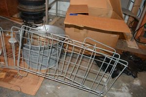 lot 231 image: Small wire fence, metal buckets, box of test tubes