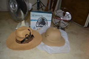 lot 205 image: Personal fans and hats (straw hot and plastic safari hat)