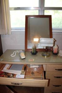 lot 147 image: Mirror Bankers desk light, candles and contents of desk