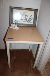 lot 153 image: Side table with metal base - 24x24x29 - plus artwork and wooden train