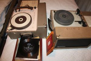 lot 188 image: 2 vintage record players Audiotronics and Classroom record player with records (Sir Winston Churchills funeral 1965, Bible New Testament)