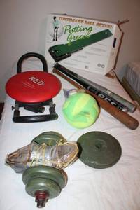 lot 192 image: Exercise and sports lot homemade leg weight, RED seat, Baseball and bats, Putting Green set