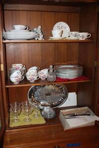 lot 16 image: China dishware (Cherry Blossom, Epiag), Vintage Stardust Coupe glasses, lidded butter dish, and silverware set