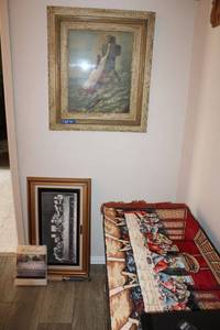 lot 24 image: The Lords Supper rug, lithograph 29x18 limited edition and tablecloth plus artwork with cross 26x30 and poster of Paul before King Agrippa