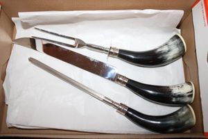 lot 27 image: Bone handled carving set with knife sharpener
