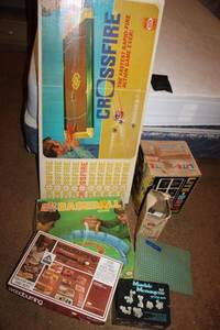 lot 40 image: Vintage games Crossfire, Lite-Brite, Sure Shot Baseball, Erector set, wood burning kit and Marble Menagerie