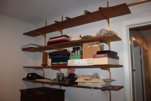 lot 47 image: Wall shelves with metal brackets (bring tools to remove) plus contents
