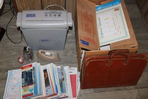 lot 82 image: Leather case, paper shredder, tape dispenser, paper maps and more