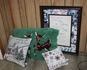 lot 86 image: Christmas pillows, framed wall artwork, deer latch work pillow