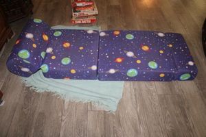 lot 90 image: Folding floor sofa bed for kids plus Mickey Mouse sheets