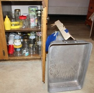 lot 111 image: Glass storage jars, roasting pan, plasticware, matches