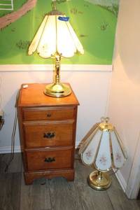 lot 121 image: Pair of glass panel lamps with small side cabinet (matches lot 129)