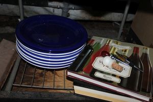 lot 18 image: Gibson Dinner Plates, Books on wine and wine bottle stoppers