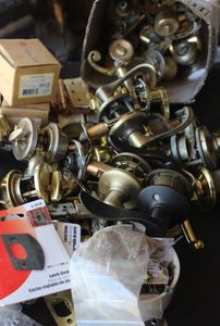 lot 61 image: Door Knobs, Deadbolts, Hinges and Chain lock, some with Keys