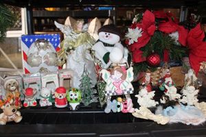 lot 73 image: Christmas Items, Glass Bulbs, Ceramic Collectable Ornaments, Tree Topper and Table Floral Arrangemtn