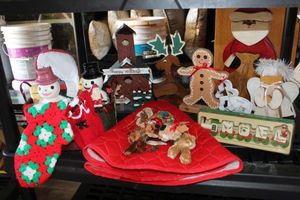 lot 74 image: Christmas Items, Wooden Decorations and Oven Mits, Tree Skirt and More