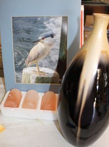 lot 77 image: Cearmaic Vase Glazed, Picture of Bird and Salt Rock Candle Holders