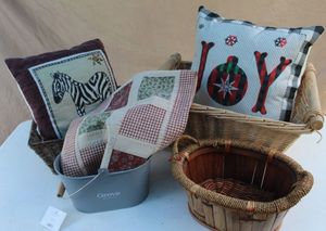 lot 30 image: Wicker Baskets, Throw Pillowes, and Table Runner