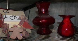 lot 51 image: Two Red Flower Vases and Wall Decor