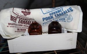 lot 59 image: Unused Tamale Bags, 2 Brown Apothecary Bottles, and Wooden Box