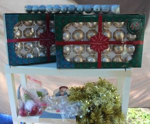 lot 100 image: Christmas Tree Ornaments, Wooden Angel, and Tree Stand