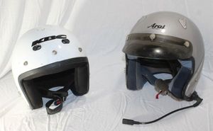 lot 151 image: Two Dot Approved Motorcyle Helmets, Arai and KBC, one with Mic Set up